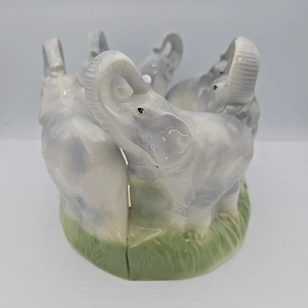 Vintage Ceramic Elephants Marching Bowl Trunks Up Decorative Tabletop Animal‎